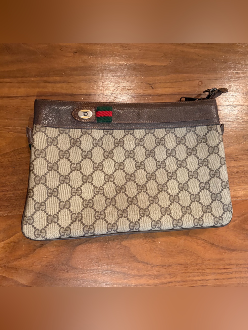 Gucci Brown/Tan GG Canvas Toiletry Pouch with Green-Red Web